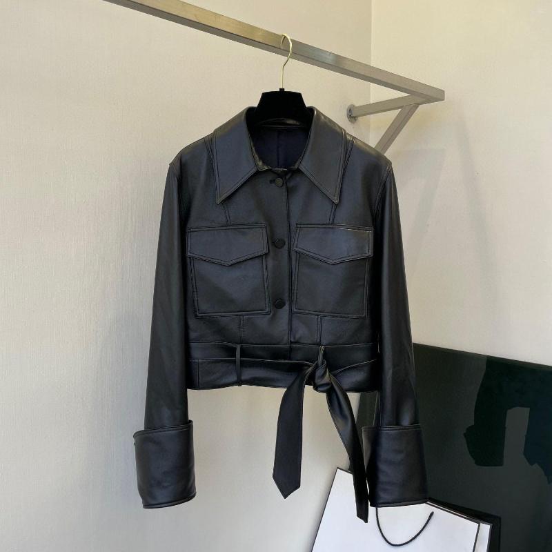 

Women' Jackets Autumn Women' Sheep Skin Leather High-End Clothing Vintage Big Pocket Turn Sleeves Design Fur Outwear 5330