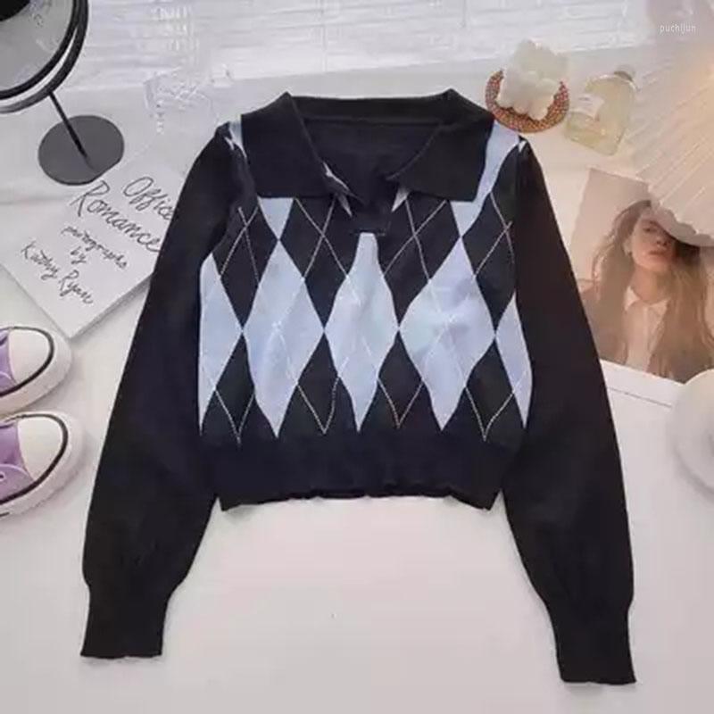 

Women's Sweaters Pull Femme Hiver 2023 Knitted Sweater Women Pullover Plaid Turn-down Collar Crop Top Long Sleeve Korean Clothes Autumn, Pink
