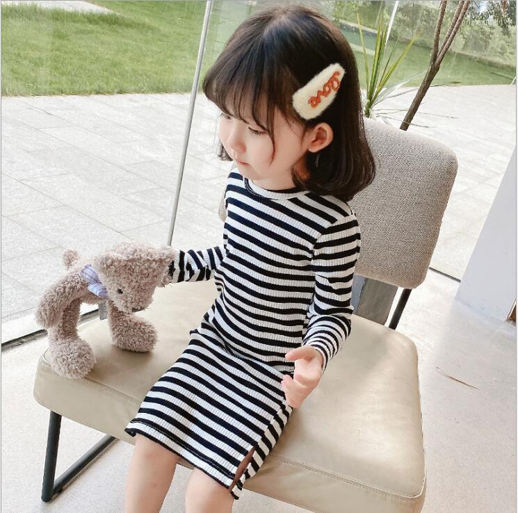 

Girl Dresses 2023 Korea Style Girls Striped Ribbed Dress Fashion Cotton Autumn Full Sleeve 1-6 Years YC693, Black