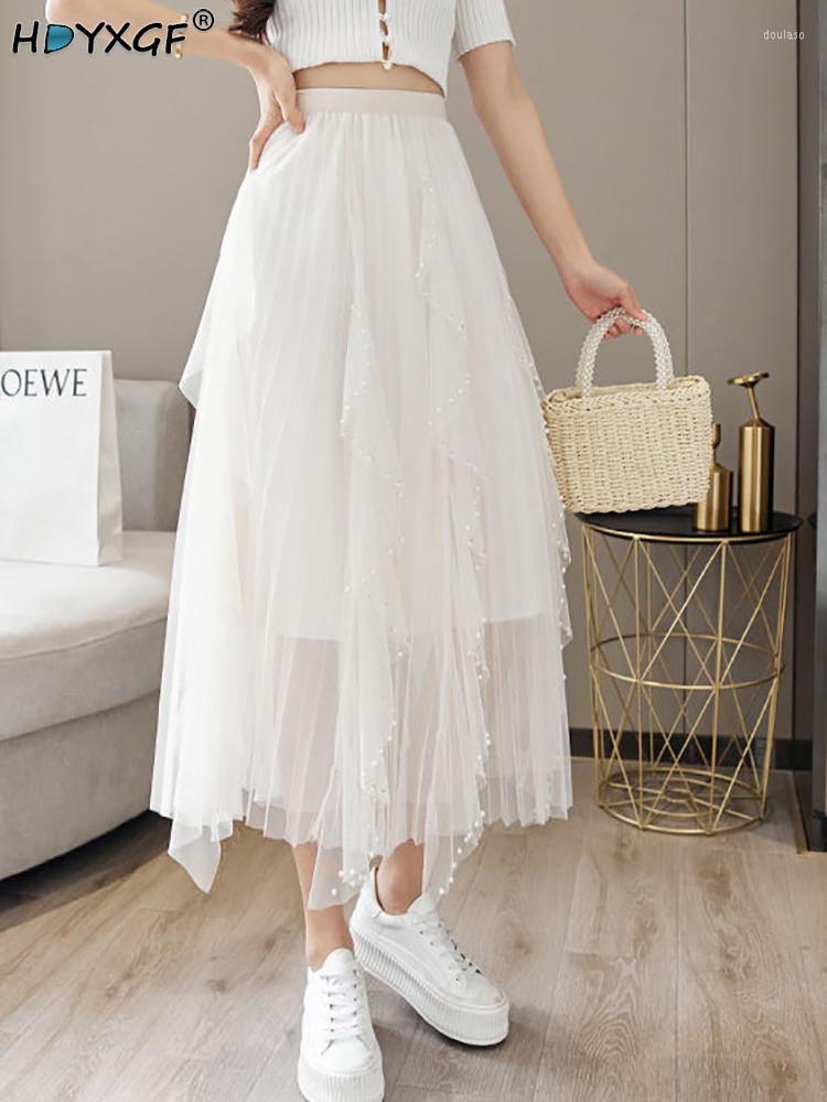 

Skirts Summer Korean Elastic High Waist A-Line Pearl Tulle Black Large Pendulum Umbrella Skirt Oversized 4xl Mid-Length Fairy Y2k, Apricot