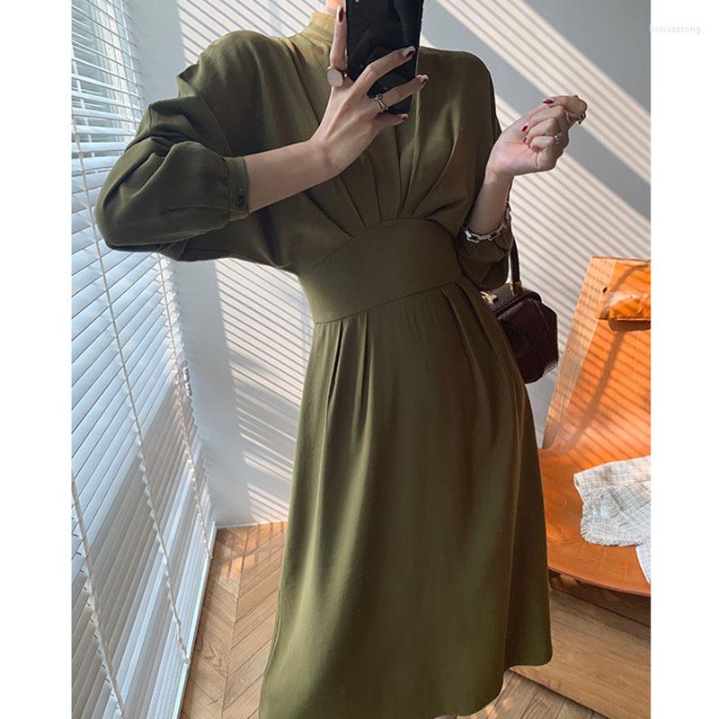 

Casual Dresses Spring Women' Vintage Elegant A-Line Bodycon Long Sleeve Dress Slim Pleated Stand Collar Midi Female Vestido, Black