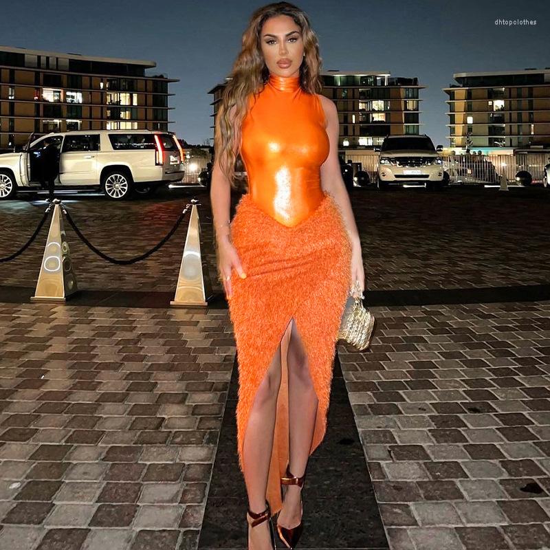 

Work Dresses KEXU Elegant Orange Pine Needle Fleece 2 Piece Set Sexy Sleeveless Bodysuit Top Wrap Slit Tassel Skirt Skinny Club Party