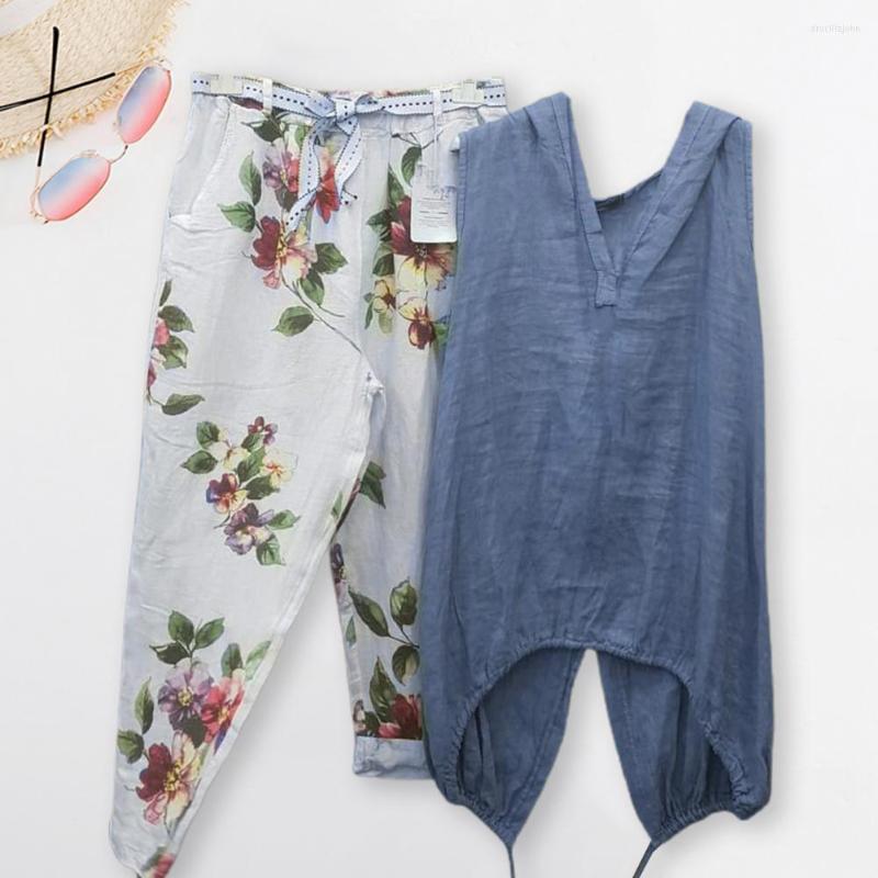 

Women's Two Piece Pants Casual Leisure Anti-pilling Comfortable Floral Pattern Summer Hoodie Trousers Set Vest Deep V Neck, Grey