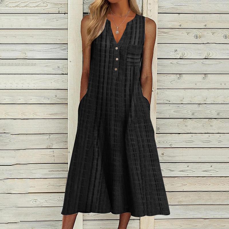 

Casual Dresses Vintage Striped Print Long Dress Women Summer 2023 Sleeveless V-neck Buttons Maxi With Pockets Ladies Loose, Green grid