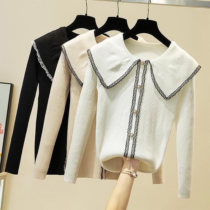 

Women's Sweaters Female Turn-down Collar Knitted Sweater Women Jumpers Long Sleeve Pullovers Autumn Lace Patchwork Sweet Kawaii, Black