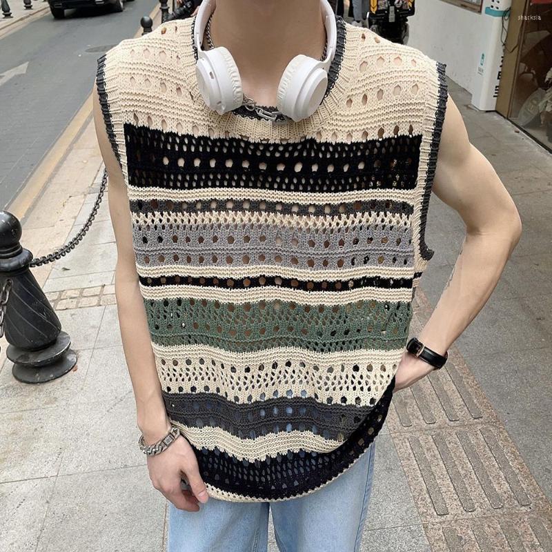 

Men' Tank Tops Fashion Knitted Vest Y2k Streetwear Trend Hollow Sleeveless Top Men' Striped Contrast Color Loose Genderless Clothing, Pink