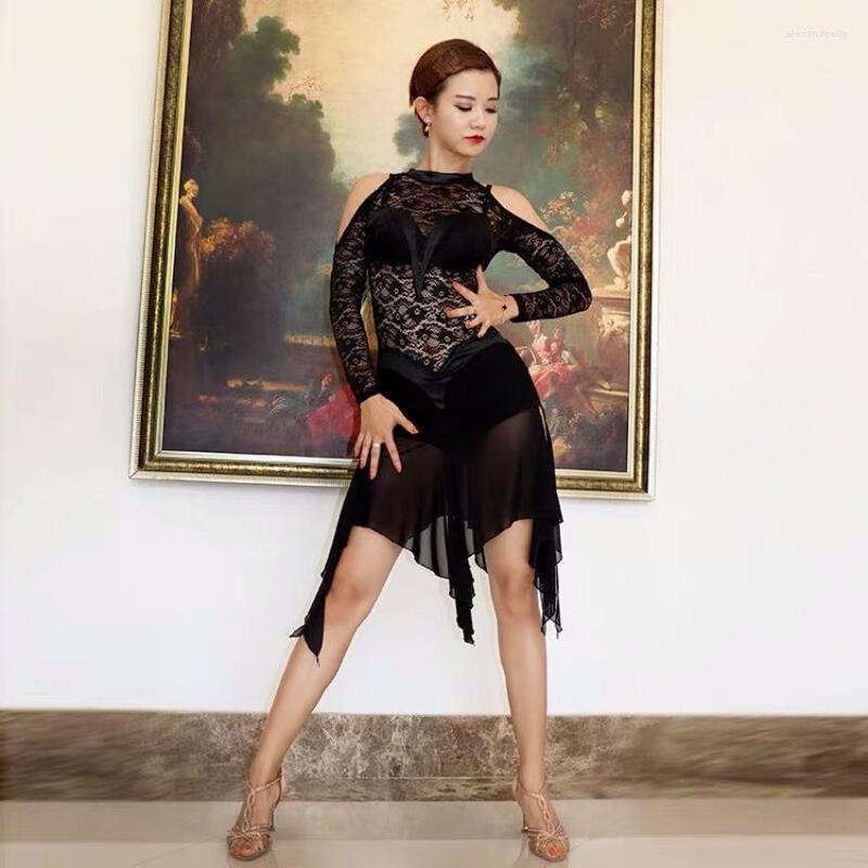 

Stage Wear 2023 Women Latin Dance Dress Ladies Black Lace Flamengo Tango Rumba/ChaCha Dresses