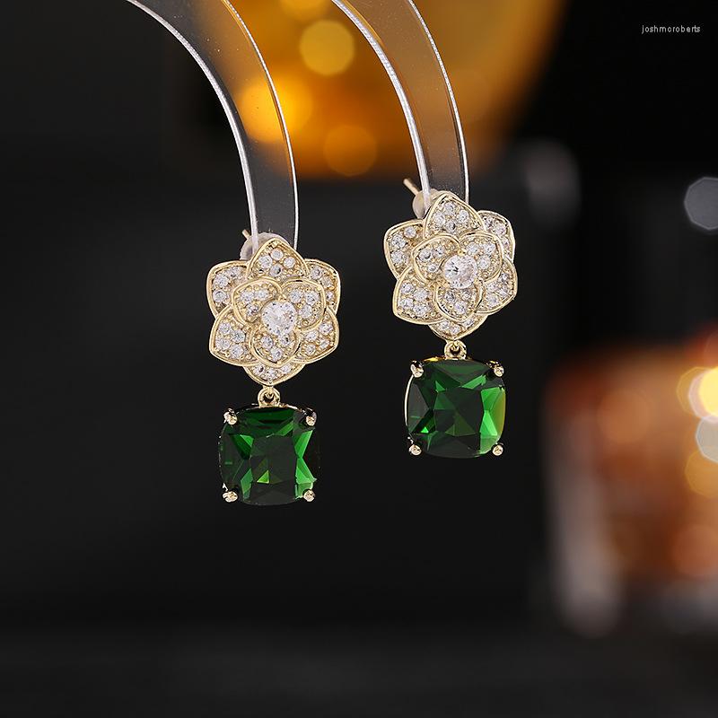 

Dangle Earrings Flower Wholesale Emerald Zircon Inlaid Camellia For Bridal Women Girl Prom Jewelry LYJ235