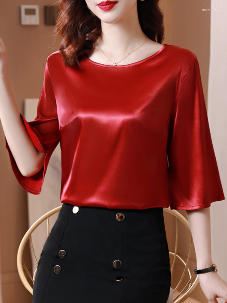 

Women's Blouses Summer Loose Satin Shirt Tops Women Vintage O-Neck Smooth Solid Chiffon Shirts Simple Fashion Women's Top Clothing, Black