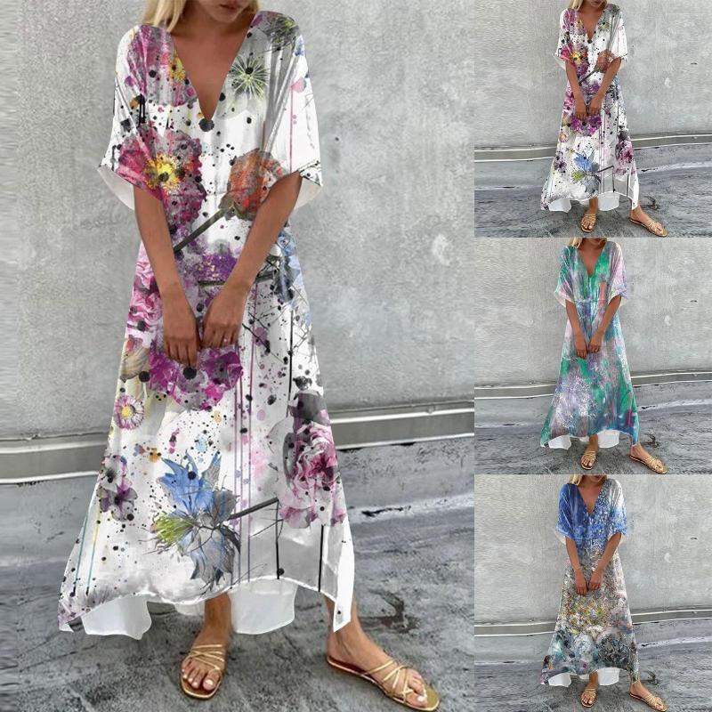 

Casual Dresses Women's Print V Neck Dress Tie Dye Fashion Long Oversized Beach Loose Patchwork, Blue
