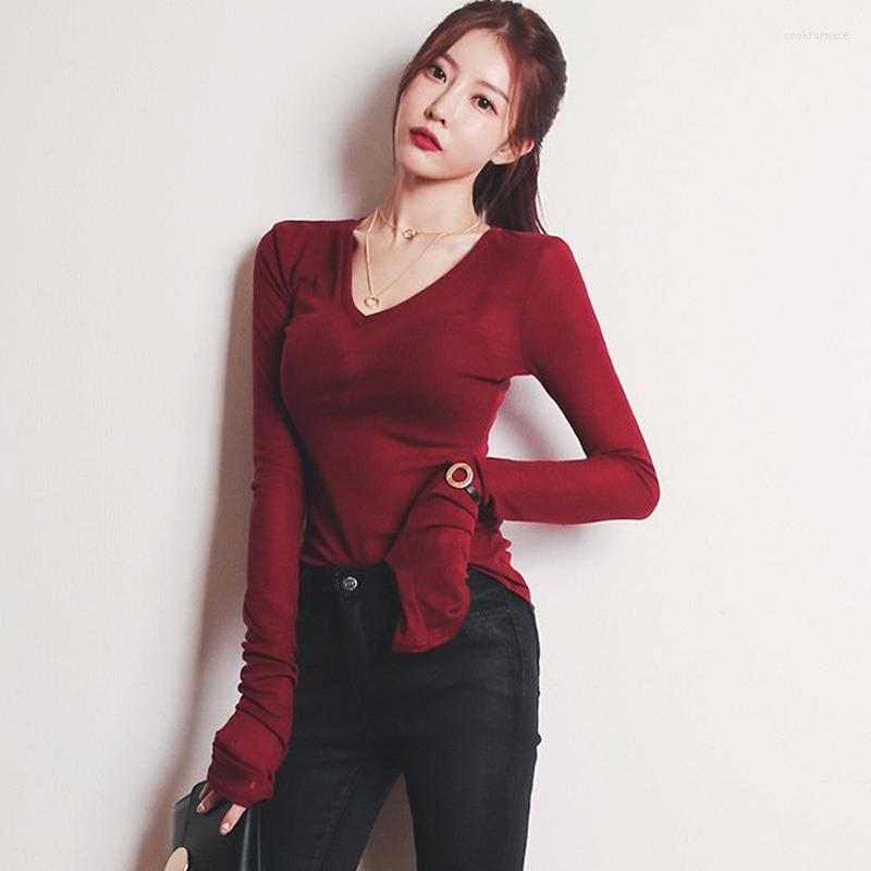 

Women's T Shirts Thin Womens Shirt Long Sleeve Top V-Neck See Through Sexy Elasticity T-Shirts Slim Tee Korean Women Clothing 2023 Spring, White