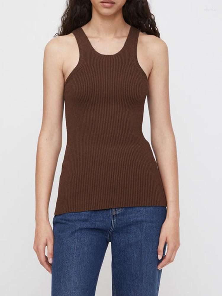 

Women's Tanks 2023 Women's Curved Knit Vest Slim Fit Ribbed Stretch Sleeveless Lady Knitwear Tank Tops, Beige