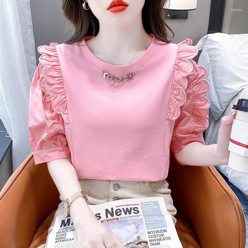 

Women' T Shirts Summer Cotton T-shirt Girls Chain O Neck Ruffles Short Puff Sleeve Tshirts Women' Fashion Sweet Tops, Pink