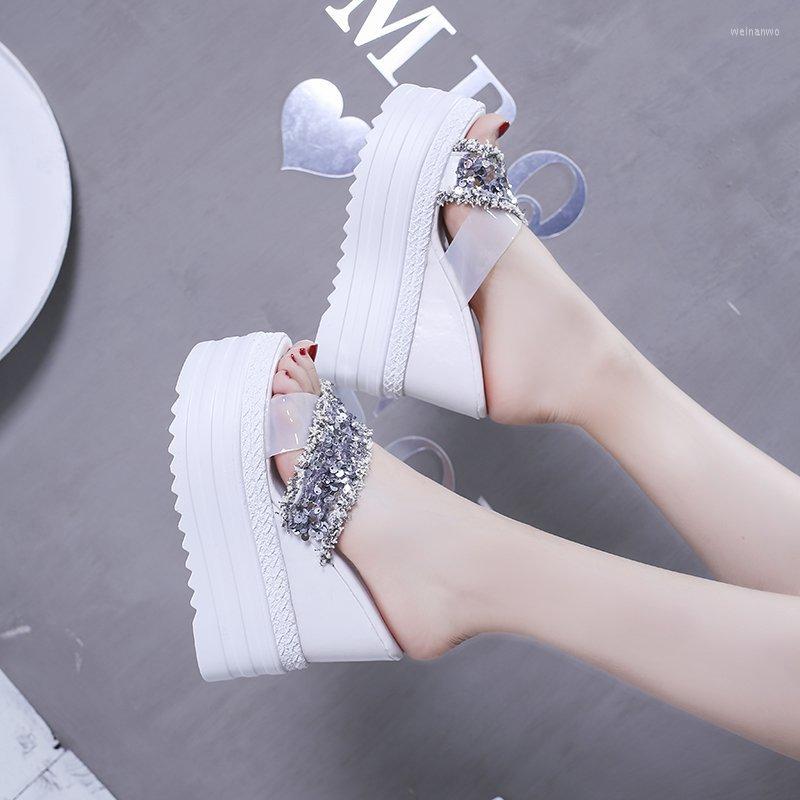

Slippers 2023 Rhinestone Wedges Heel Women Platform Peep Toe Height Increasing Slides Sexy Ladies Shoes Zapatos De Mujer, White