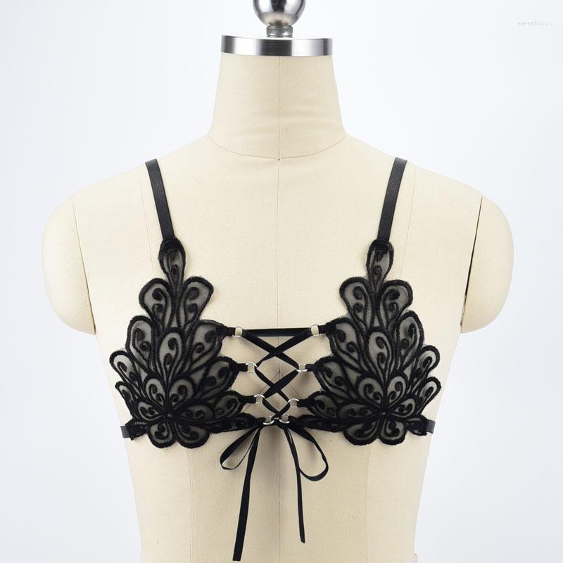 

Garters Sexy Lace Bra 90's Fetish Harness Black Adjustable Elastic Crop Top Cage Harajuku Bikini Thong Pants, L0019