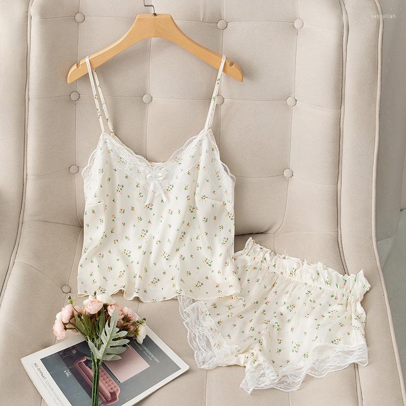 

Women's Sleepwear Lisacmvpnel Summer Women's Thin Ice Silk Suspender Shorts 2 Pcs Set Sexy Small Fresh Lace Backless Print Pyjamas, White