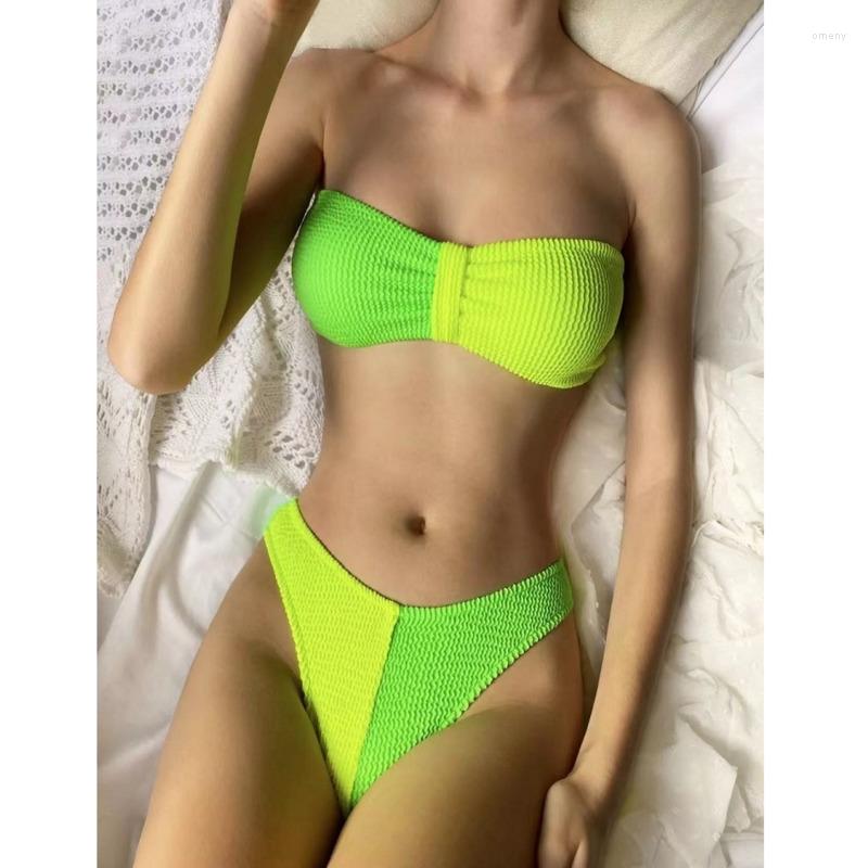 

Women's Swimwear Waist Bikini Beach Swimsuit High Sexy Set Solid Color Female Bandeau Thong Brazilian Bathing Suit Bather Women, 5001-pink blue