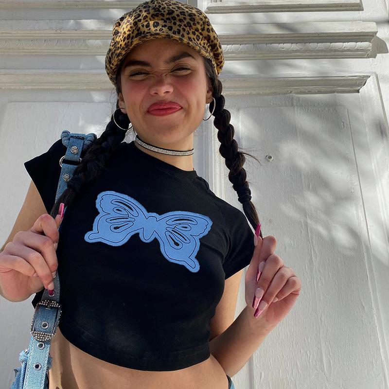 

Women' T Shirts Irregular Short Spice Girl T-shirt Bump Color Butterfly Patch Cloth Stitching Fashion Small Loose Sleeve Top, Black