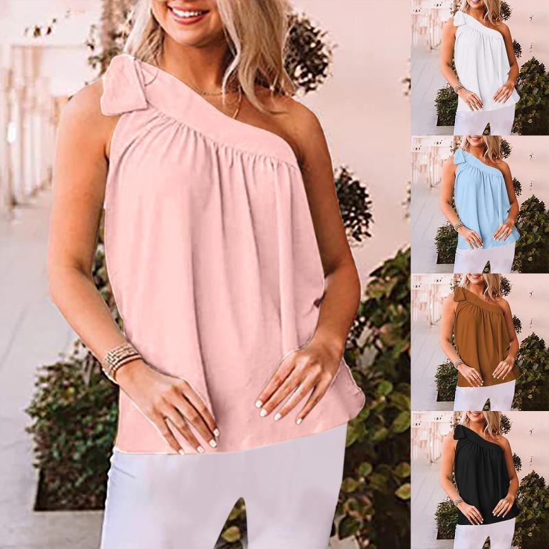 

Women's Blouses Sexy One Shoulder Bowknot Lace-up Blouse Ruched Loose Tops For Women Elegant Sleeveless Shirts Ladies Fashion Streetwear, Coffee