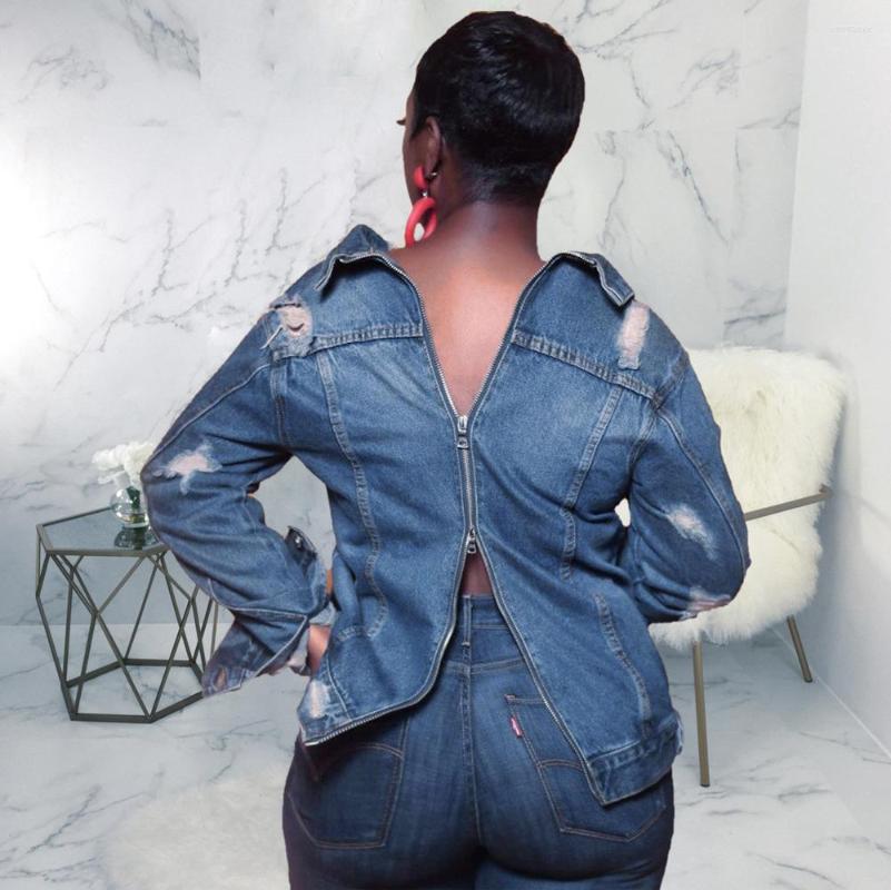 

Women' Jackets Ripped Jeans Jacket Sexy Women Turn Down Collar Zipper Denim Casual Outerwear Coat, Sk23063
