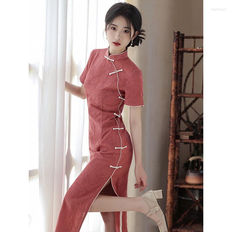 

Ethnic Clothing 2023 Red Vintage Cheongsam Spring Summer Improved Women Evening Dress Short Sleeve Chinese Style Elegant Qipao