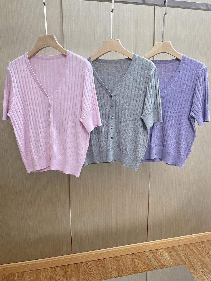 

Women's Knits Women Pit Strip Wool Blends Knit Cardigan Summer 2023 Female V-Neck Solid Color Short Sleeve Single Breasted Slim Fit Sweater, Purple