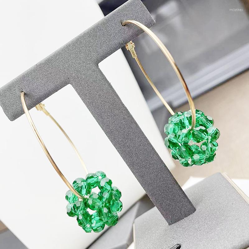 

Hoop Earrings Classic Hollow Carved Ball Malachite Green Crystal Clip-on Beads Stud Pendants Enamel Geometric Aretes De Mujer (50MM)