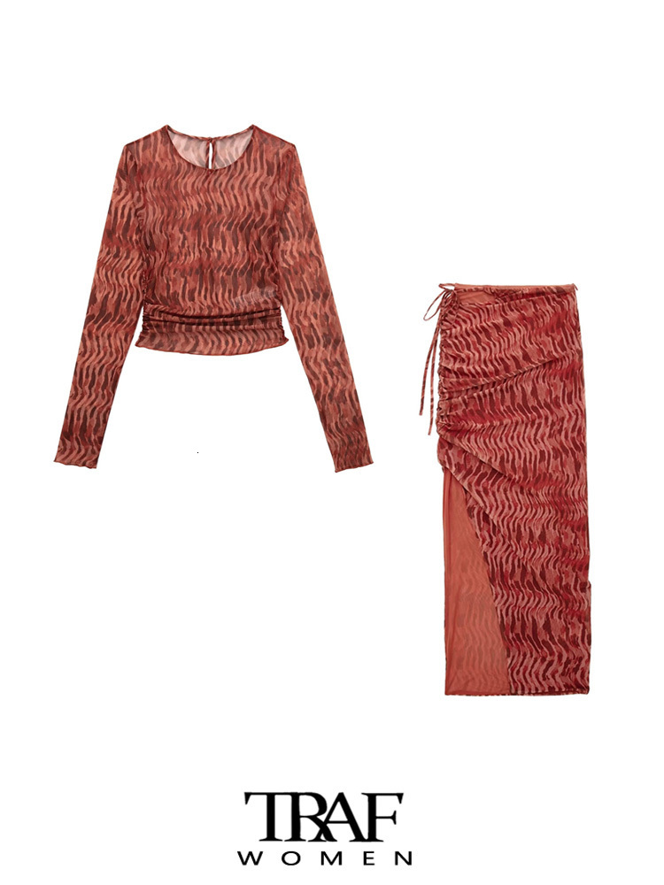 

Two Piece Dress TRAF Women Fashion With Ruched Printed Crop Tulle Blouses And High Waist Side Zipper Midi Skirt Female Sets Mujer 230508, Beige