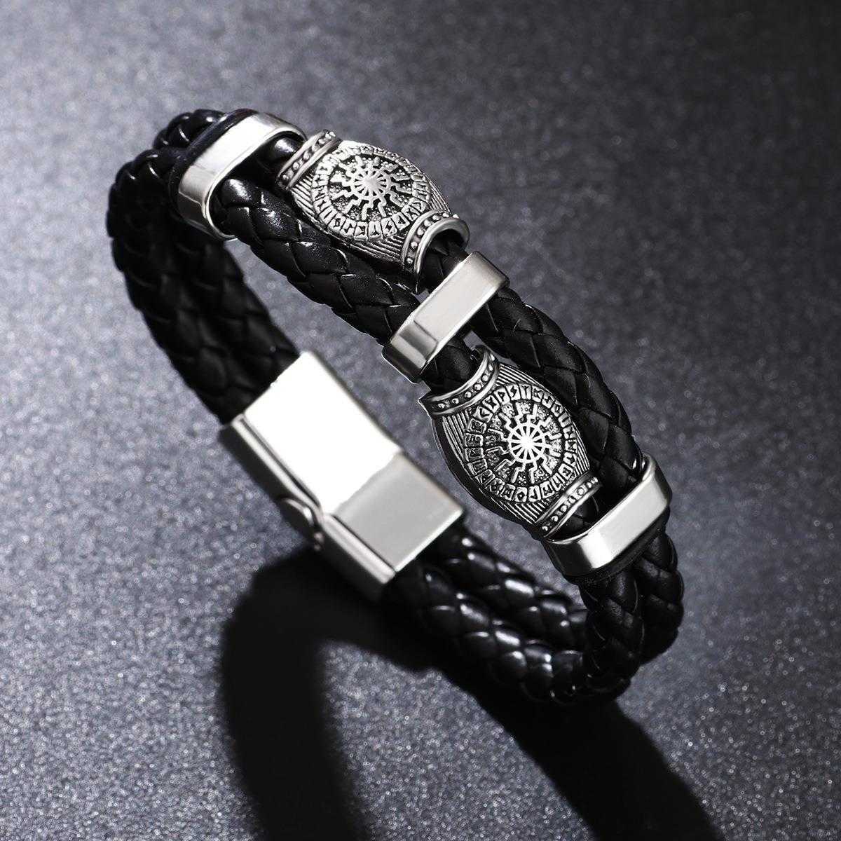 

Magnetic Snap Leather Bracelet Hand Woven Punk Metallic Trendy Mens Personality Simple Retro