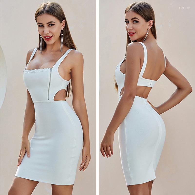 

Casual Dresses Rocwickline Summer And Autumn Women' Dress Sexy & Club Solid Square Collar Spaghetti Strap Hollow Out Sheath Elegant, White