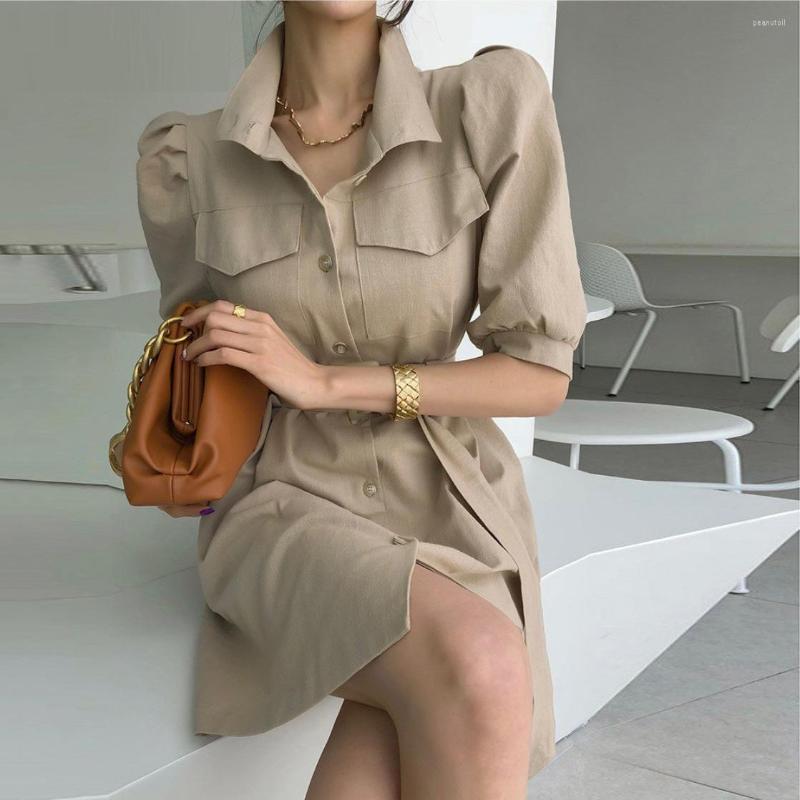 

Casual Dresses Korean Chic Summer French Temperament Lapel Lace-up Waist Showing Thin Bubble Sleeve Small Dress Short Skirt Female, Black