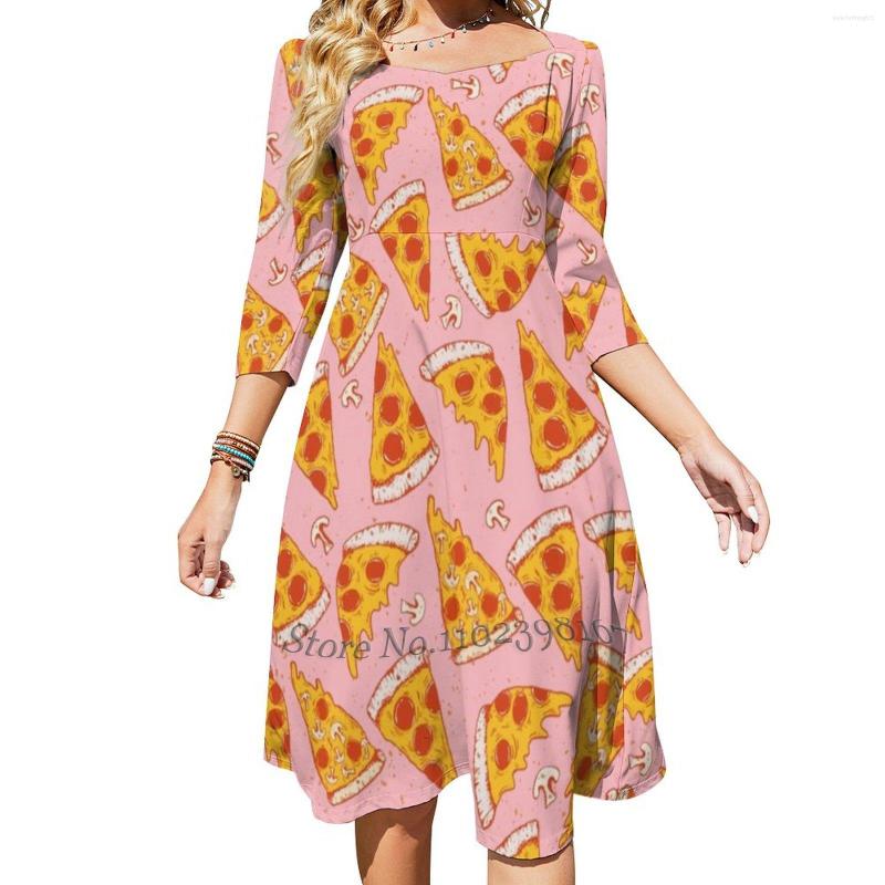 

Casual Dresses Pizza Night-Pink Square Neck Dress Plus Size Elegant Women Waist Tight Mushrooms Cheese Food Sauce Pepperoni, Nz006