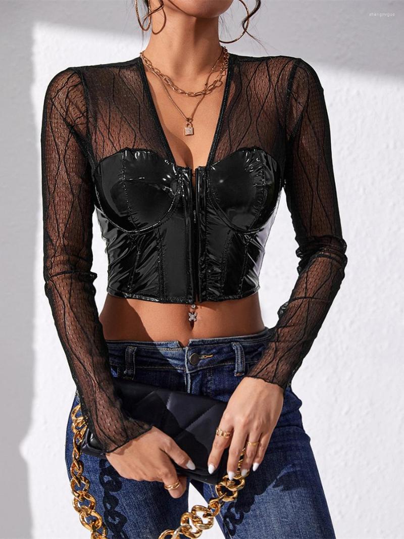 

Women' T Shirts Wsevypo Black Mesh PU Leather Spliced Crop Tops Women Sexy See Through Long Sleeves V Neck Corsets Tube Club Streetwear