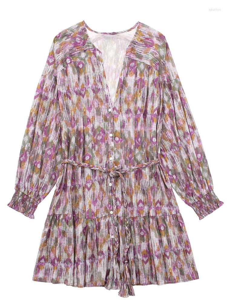 

Casual Dresses Woman Sweet Purple Irregular Print Mini Dress 2023 Spring Female V Neck Lacing Ladies Loose Beach Short, Floral