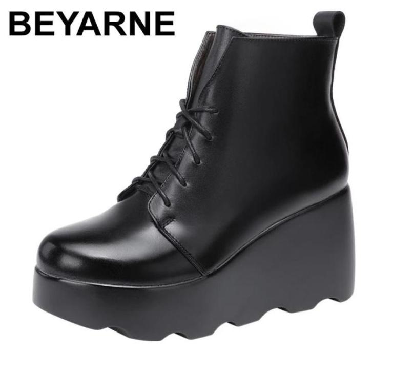 

Boots BEYARNE Wedges Heel High Ankle Women Lace Up Platform Autumn Winter 2021 Round Head Large Size Shoes3583765, Black