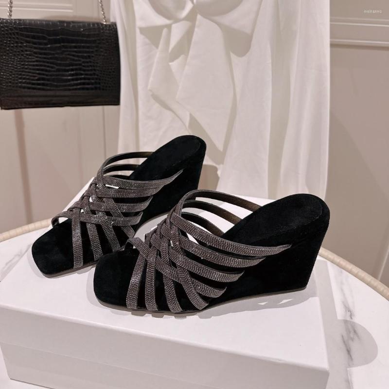 

Slippers Braid Wedge Runway Women Dress Slides Size 35-42 Open Toe Cross Strap High Heel Mules 2023 Summer Shoes, 8cm