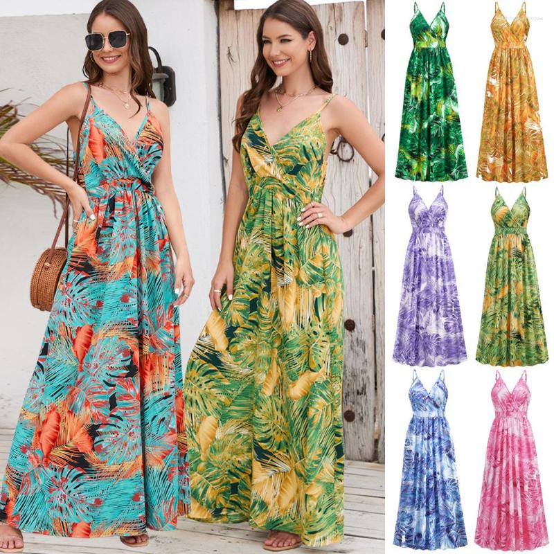 

Casual Dresses 2023 Summer Bohemian Suspender Dress Women Print Large Swing Holiday Backless Sexy Boho