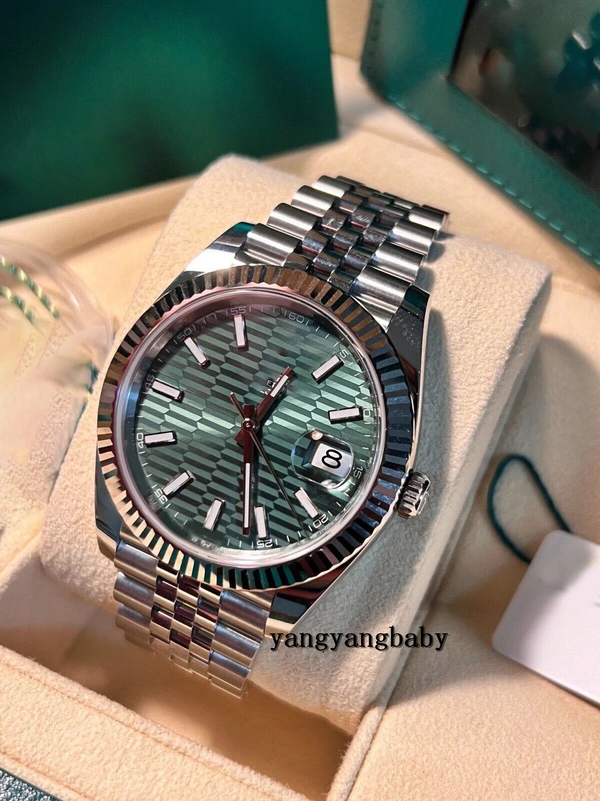 

New 41mm watch new release mint green silver jubilee groove pattern automatic mechanical sapphire glass MEN watch original packaging, Color