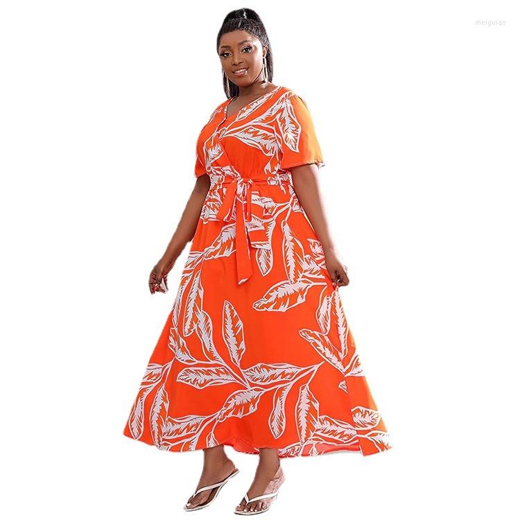 

Ethnic Clothing African Dresses For Women Summer V-neck Short Sleeve Polyester Printing Long Dress Maxi Clothes