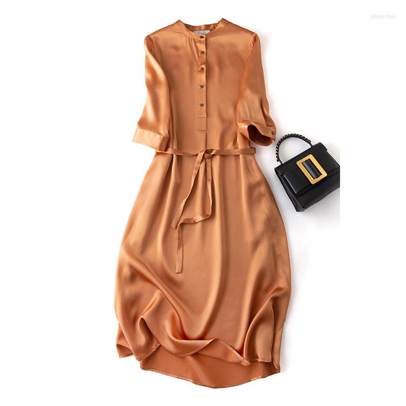 

Casual Dresses French Stand-up Collar Silk Satin Dress Women's Mulberry Shirt Temperament A-line 2023 19 MM, Orange