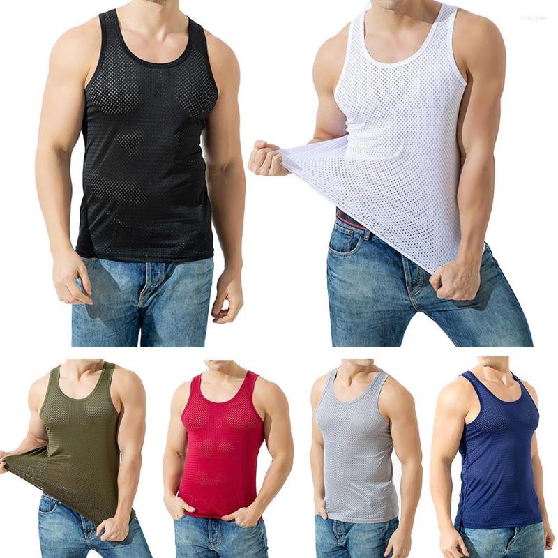 

Men's Tank Tops Men Sporty Sleeveless O Neck Solid Color Mesh See-Through Top Slim Workout Vest, White