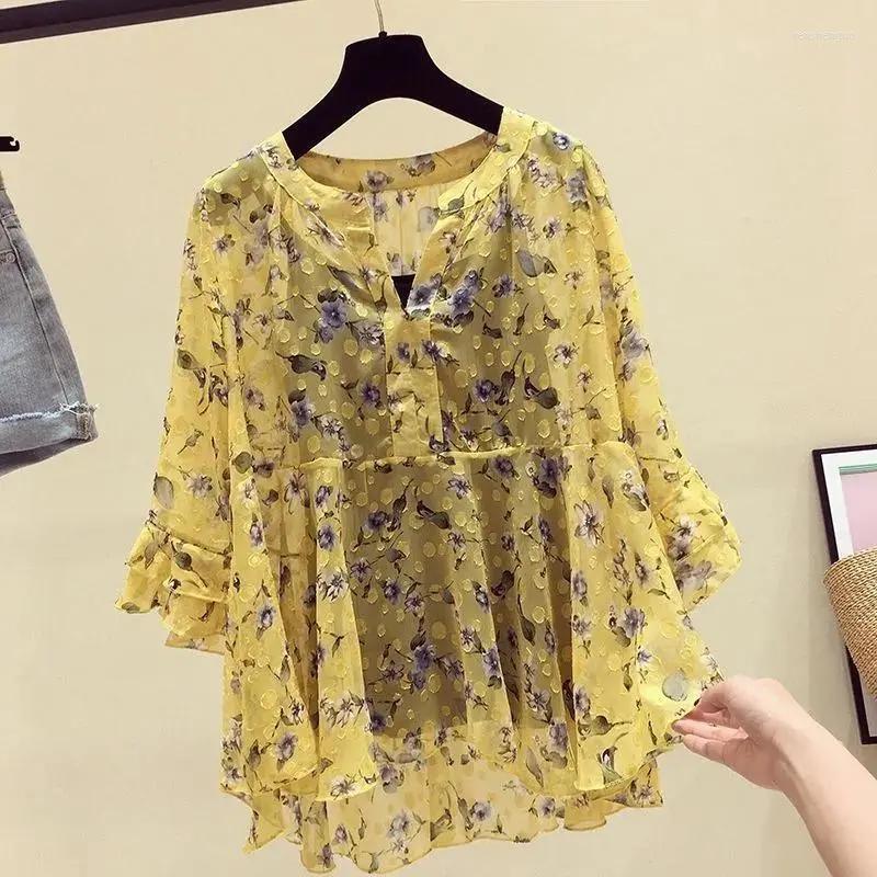 

Women's Blouses Sweet V-Neck Spliced Loose Ruffles Floral Blouse Female Clothing 2023 Summer Casual Pullovers Tops Office Lady Chiffon Shirt, Red
