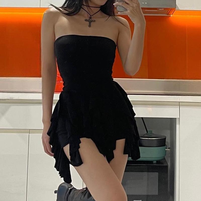 

Casual Dresses 2023 Spring/Summer Ballet Style Girls' Ruffled Ribbon Splice Solid Color Sexy Bra Dress Fashion Mid Length, Black