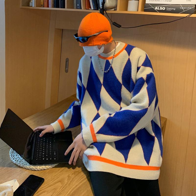 

Men's Sweaters Men Oversize Winter Warm Fashion Plaid Sweater Casual Knitted Pullover Korean Loose Long Sleeve Mens Jumper Clothes, Blue