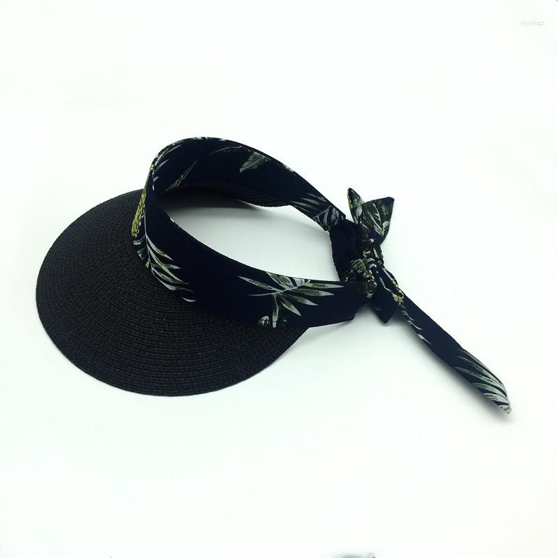 

Wide Brim Hats 2023 Pink White Natural Straw Cap Sun Visor Hat Women Girl Floral Printed Elastic Band Protect Beach