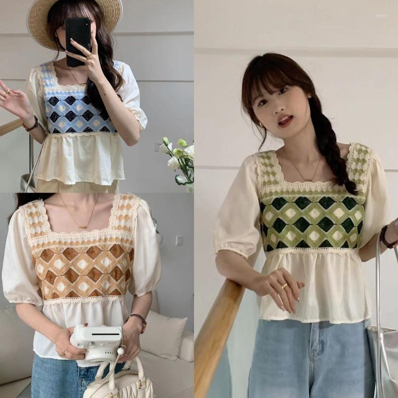 

Women's Blouses Womens Short Puff Sleeve Crochet Lace Tees Shirt Blouse Top Hollow-Knitted T-shirt Square Neck Ruffle Hem Tops, Green