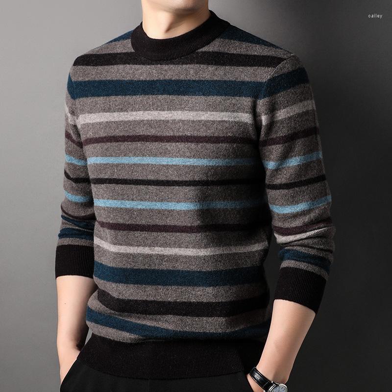 

Men's Sweaters Trend Men Half High Collar Striped Woolen Sweater Autumn Winter Thick Warm Bottom, Gray