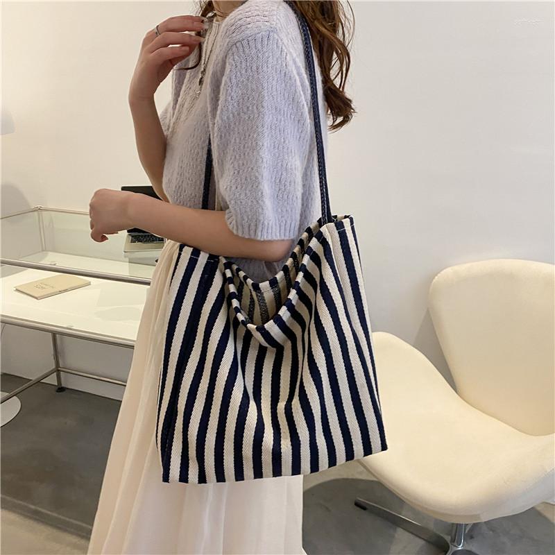 

Evening Bags Big Shopping Bag Women Canvas Shoulder Large-capacity Storage Sweet Striped Handbag Leisure Cotton And Linen Packet, Black