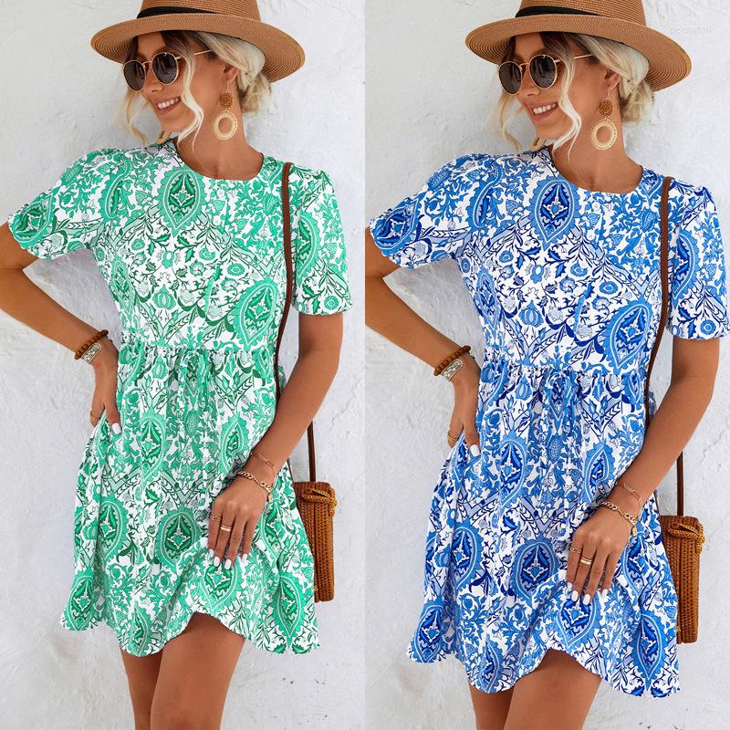 

Casual Dresses 2023 Spring/Summer Women' Dress Fashion O-Neck Retro Print Lantern Sleeve Shirt Streetwear Vestidos De Mujer, Blue