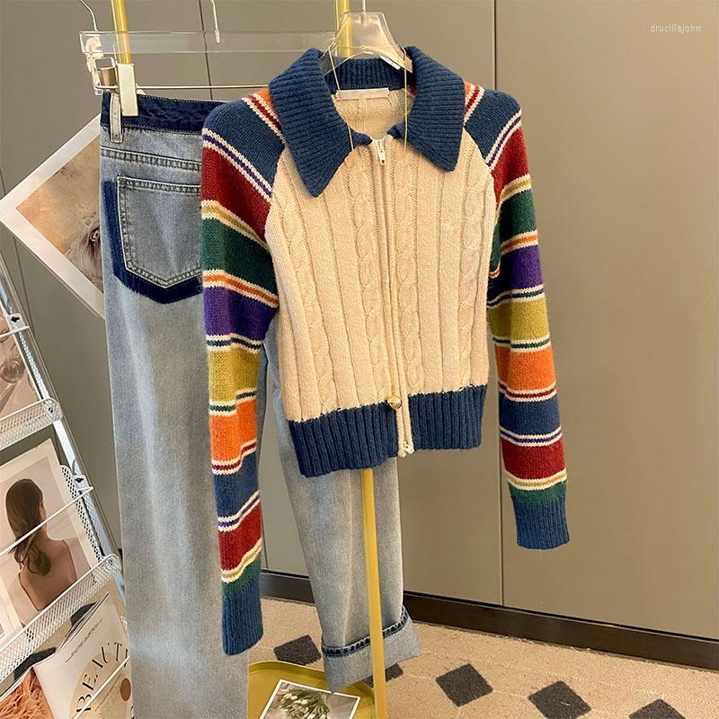

Women' Knits Contrast Color Rainbow Stripe Twist Sweater Cardigans For Women Autumn Winter Turn-down Collar Slim Double Zip Crop Knit Tops